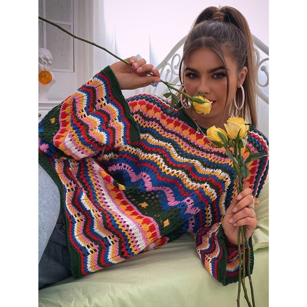 Chevron Pattern Open Knit rainbow stripe Drop Shoulder Sweater 70s style crochet - Picture 6 of 7